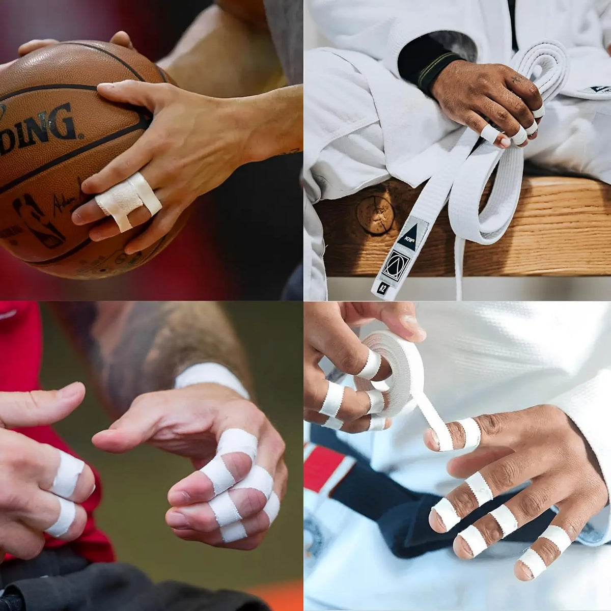 Hands applying athletic finger tape to a hand, showing various taping techniques.