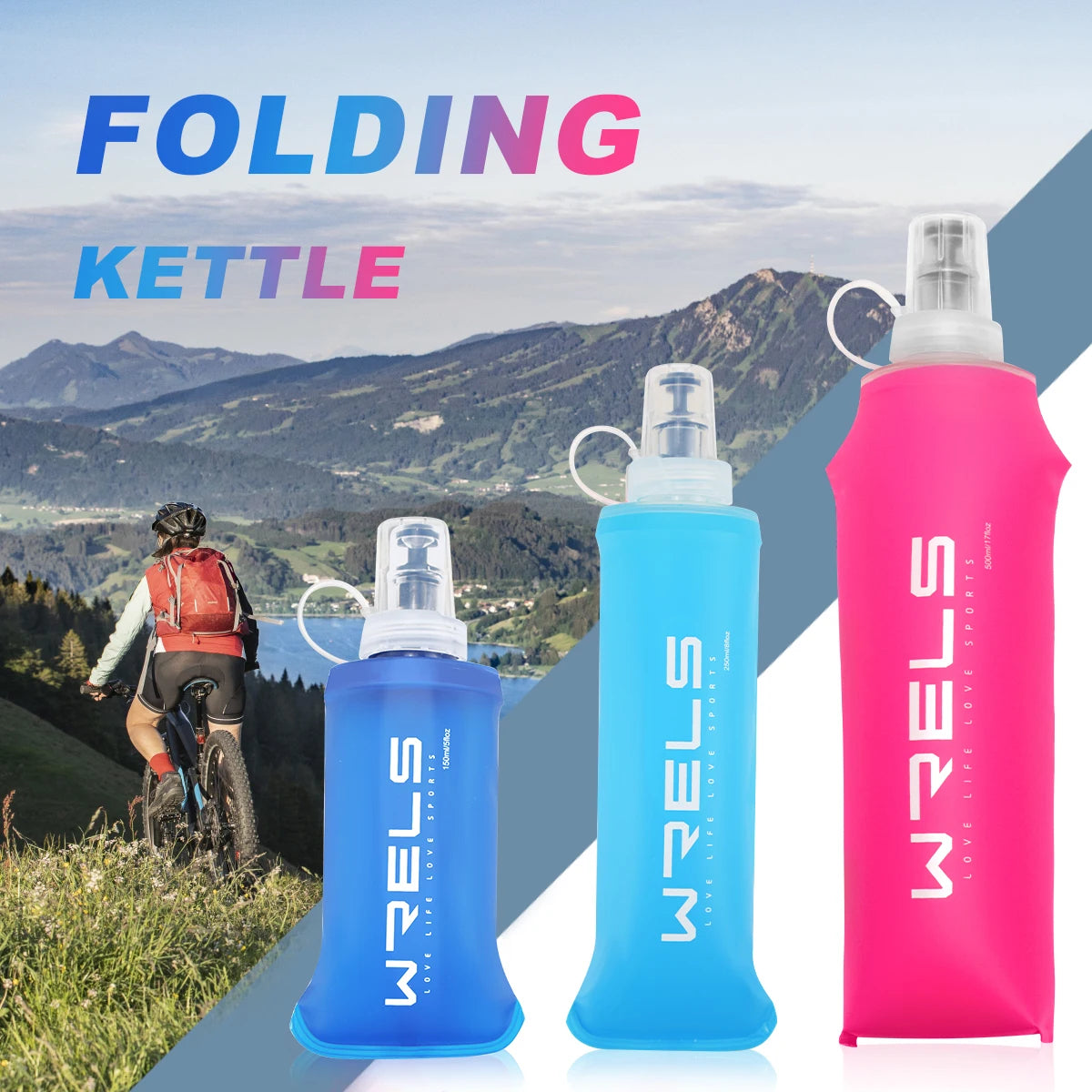 Tres colores de una botella de agua plegable en un campo de hierba.