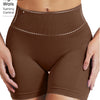 A close-up of a brown high-rise knit fitness short for women, showing the waistband and fabric texture.