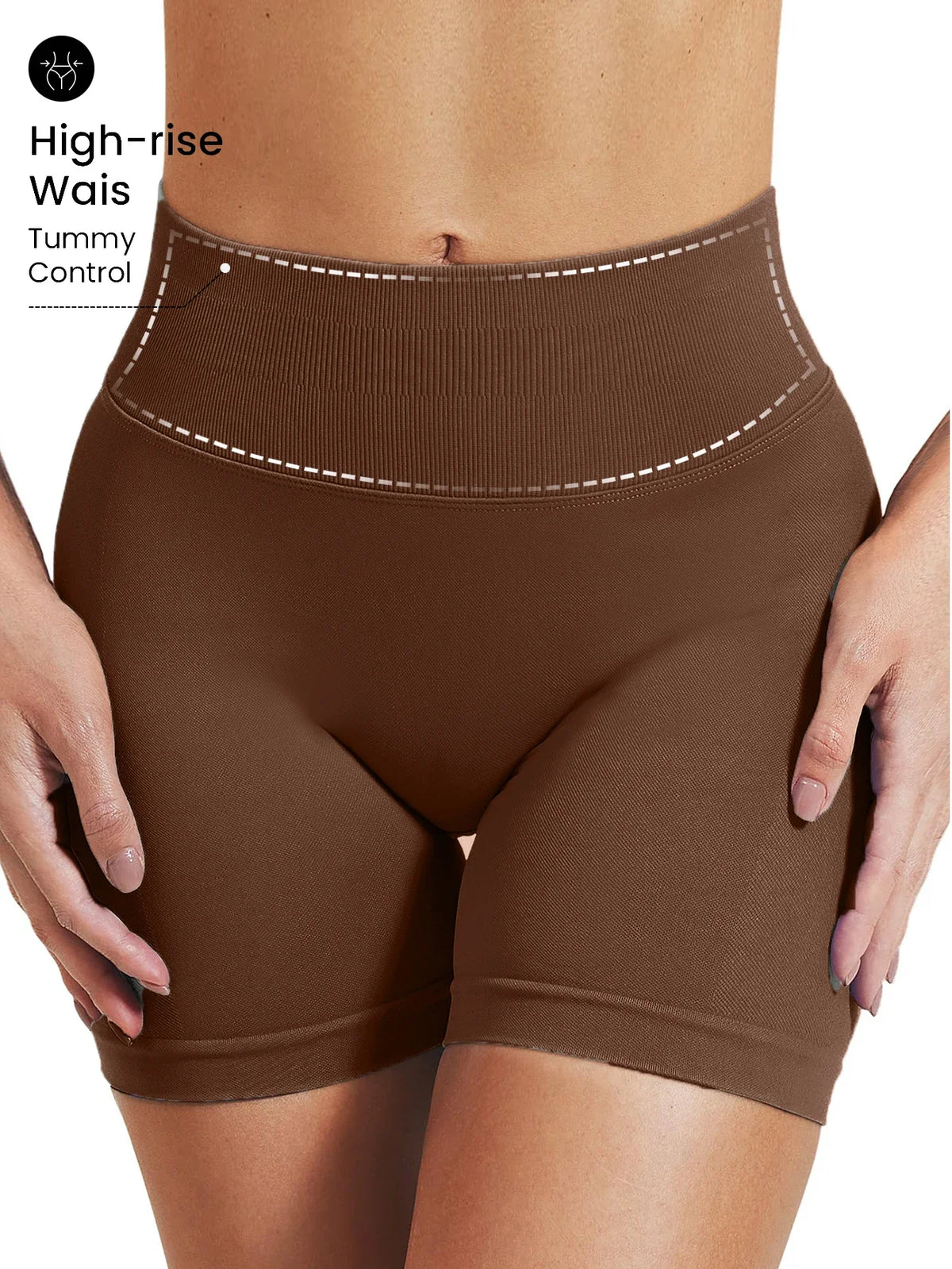 A close-up of a brown high-rise knit fitness short for women, showing the waistband and fabric texture.