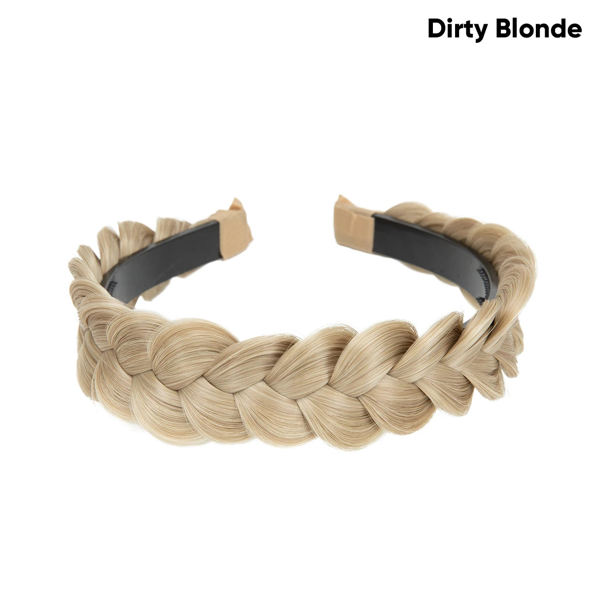 A beige braided hair accessory for a blonde hairstyle.