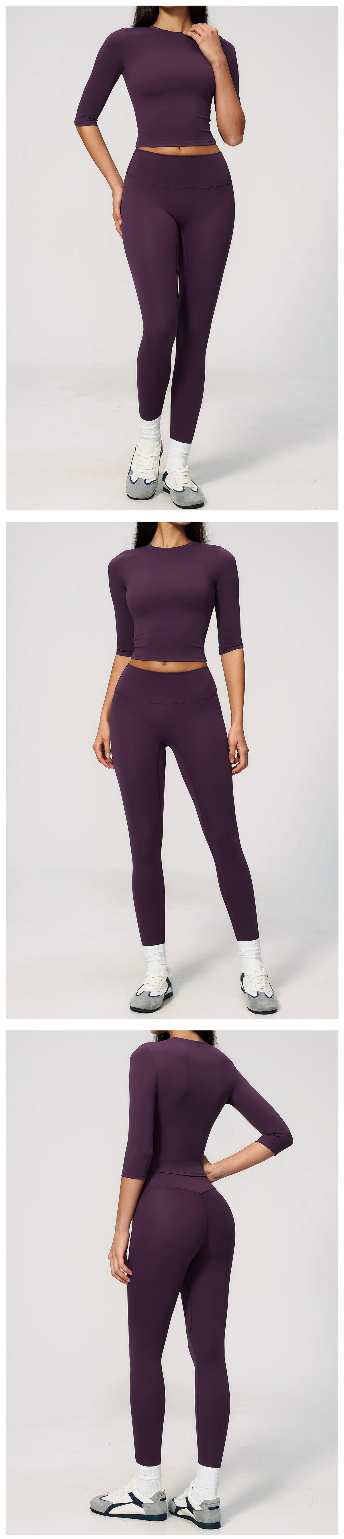 A woman models a purple women's yoga and fitness leggings set in a full-length shot.