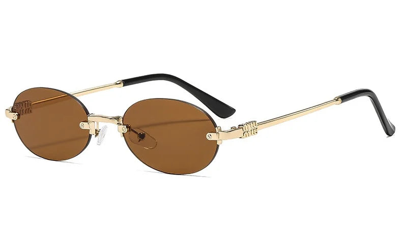 Rimless oval gradient sunglasses with gold-toned metal arms and black temple tips