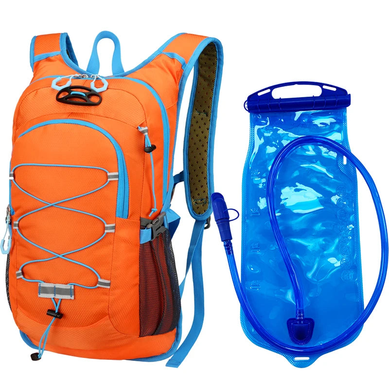 Orange backpack for hiking and sports with a blue water bottle bag attached