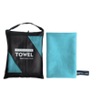 A black microfiber towel bag and a light blue microfiber towel are displayed side by side.