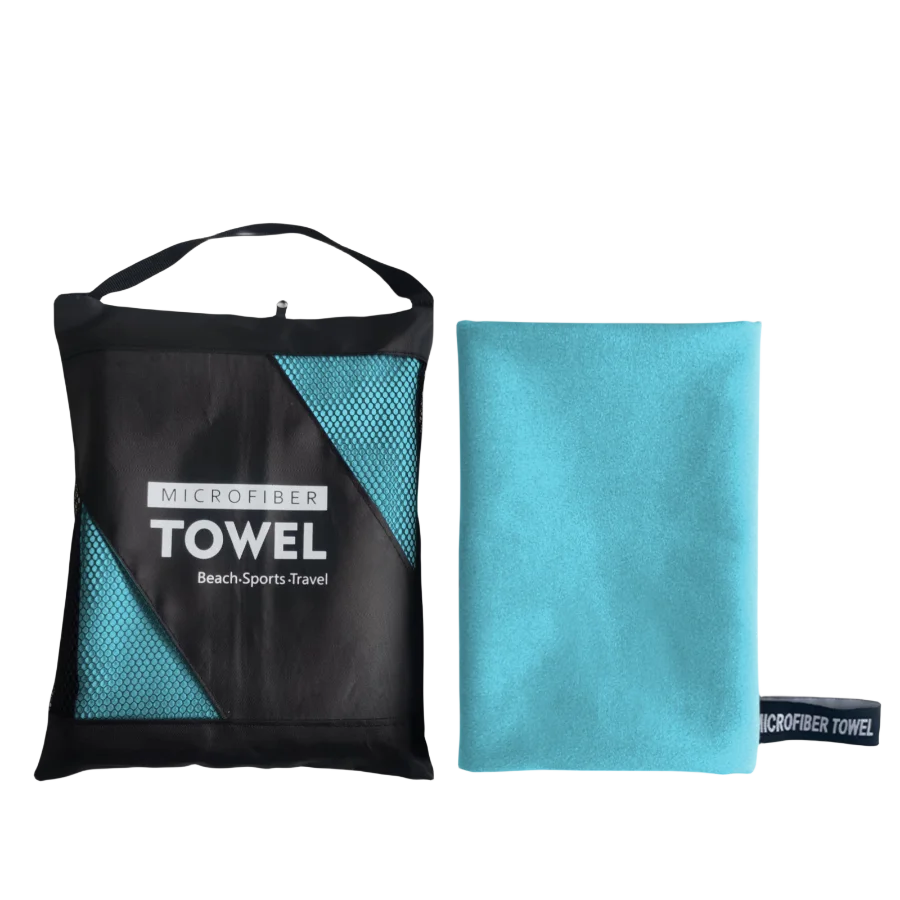 A black microfiber towel bag and a light blue microfiber towel are displayed side by side.