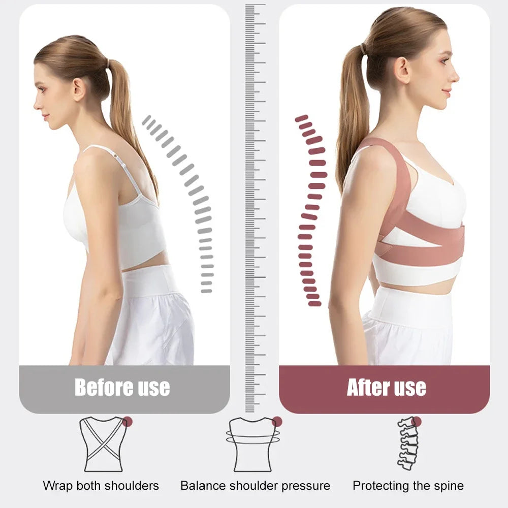 Before and after comparison showing a posture corrector brace for spine and shoulder support