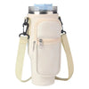 A beige adjustable water bottle carrier bag with a padded phone pocket and a clear lid.