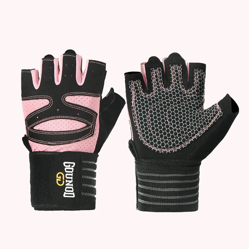 Un par de pulseras para levantar pesas anti-resbalantes y transpirables, en negro y rosa, sobre fondo blanco.