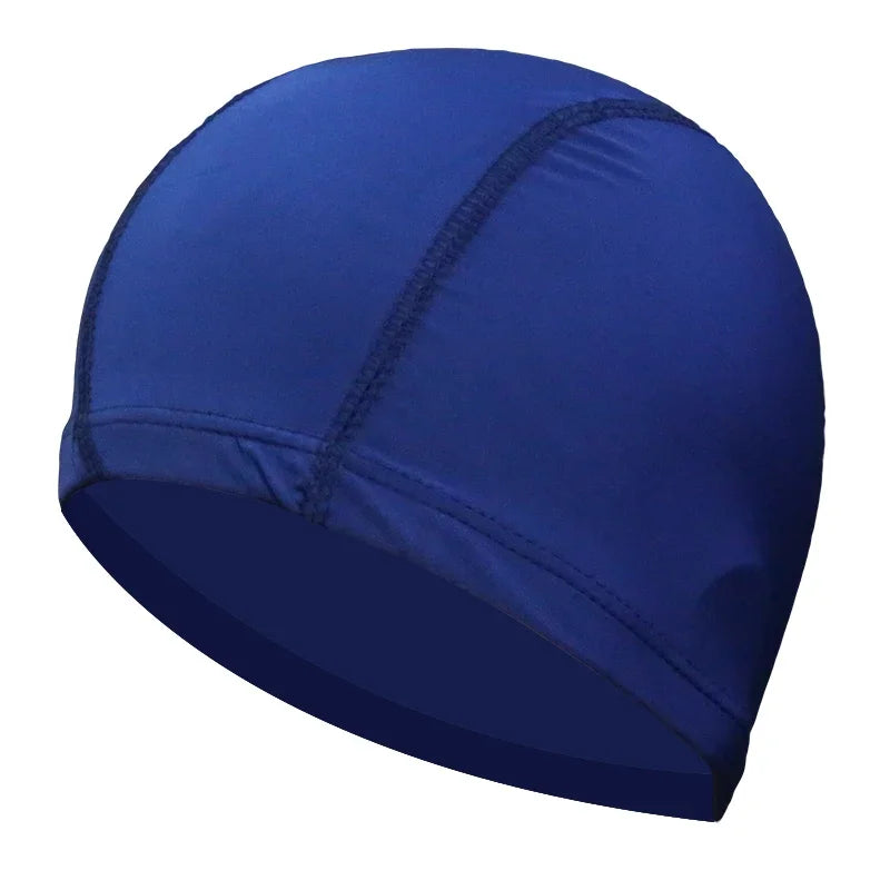 A dark blue ultra-thin nylon swimming cap shown from the side.
