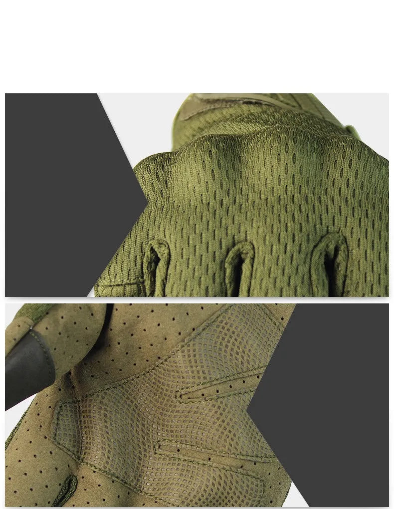 Gants tactiques sport vert olive, gros plan, détails du tissu texturé et des coutures.