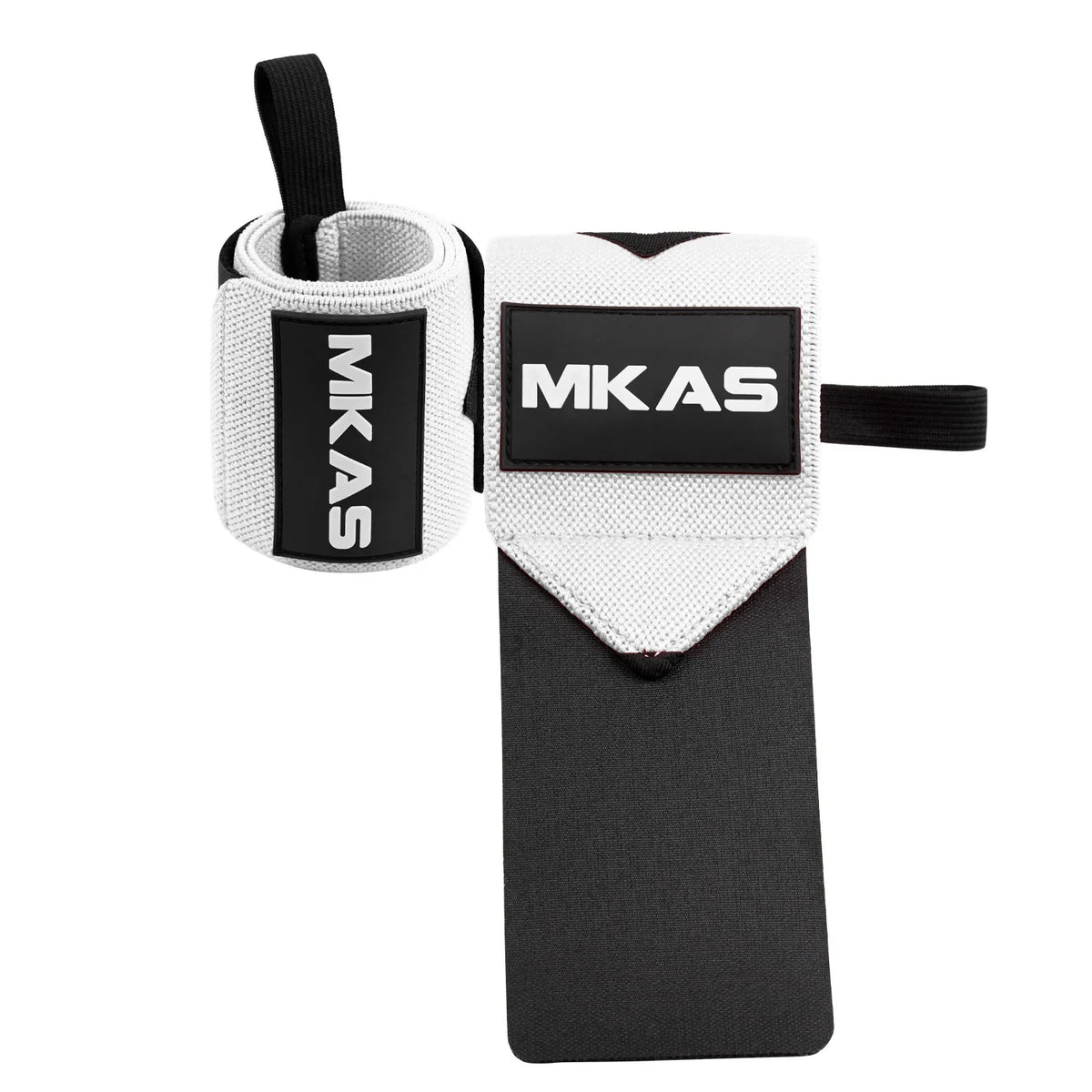 Black and white wrist support wraps with the initials MKAS