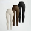 Trois paires de leggings de yoga tricot sans couture, beige, marron et noir, présentés verticalement.