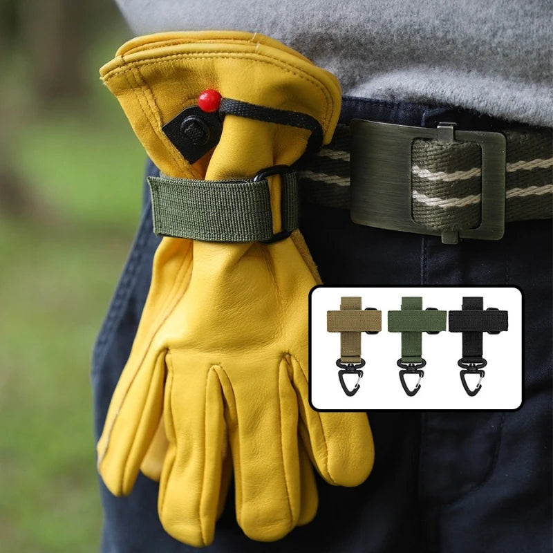 Yellow tactical nylon glove hook attached to a dark belt.