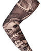 A dark gray seamless tattoo sleeve worn on an arm, featuring intricate black and white designs.