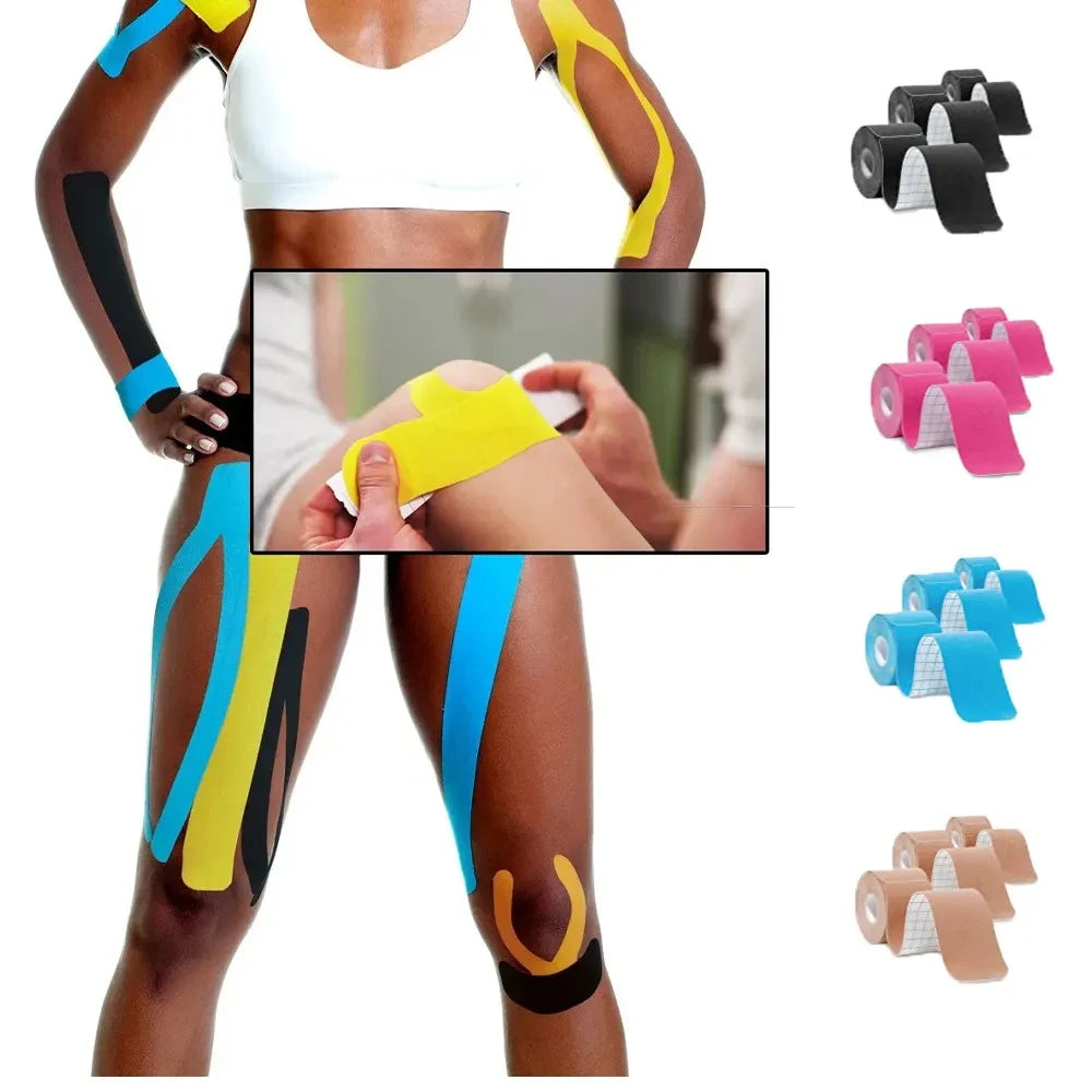 Various colors of professional athletic kinesiology tape applied to a person's leg and arm.