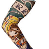 A long seamless tattoo sleeve featuring a design with the word FREE and dice elements.