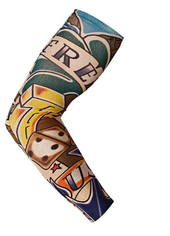 A long seamless tattoo sleeve featuring a design with the word FREE and dice elements.