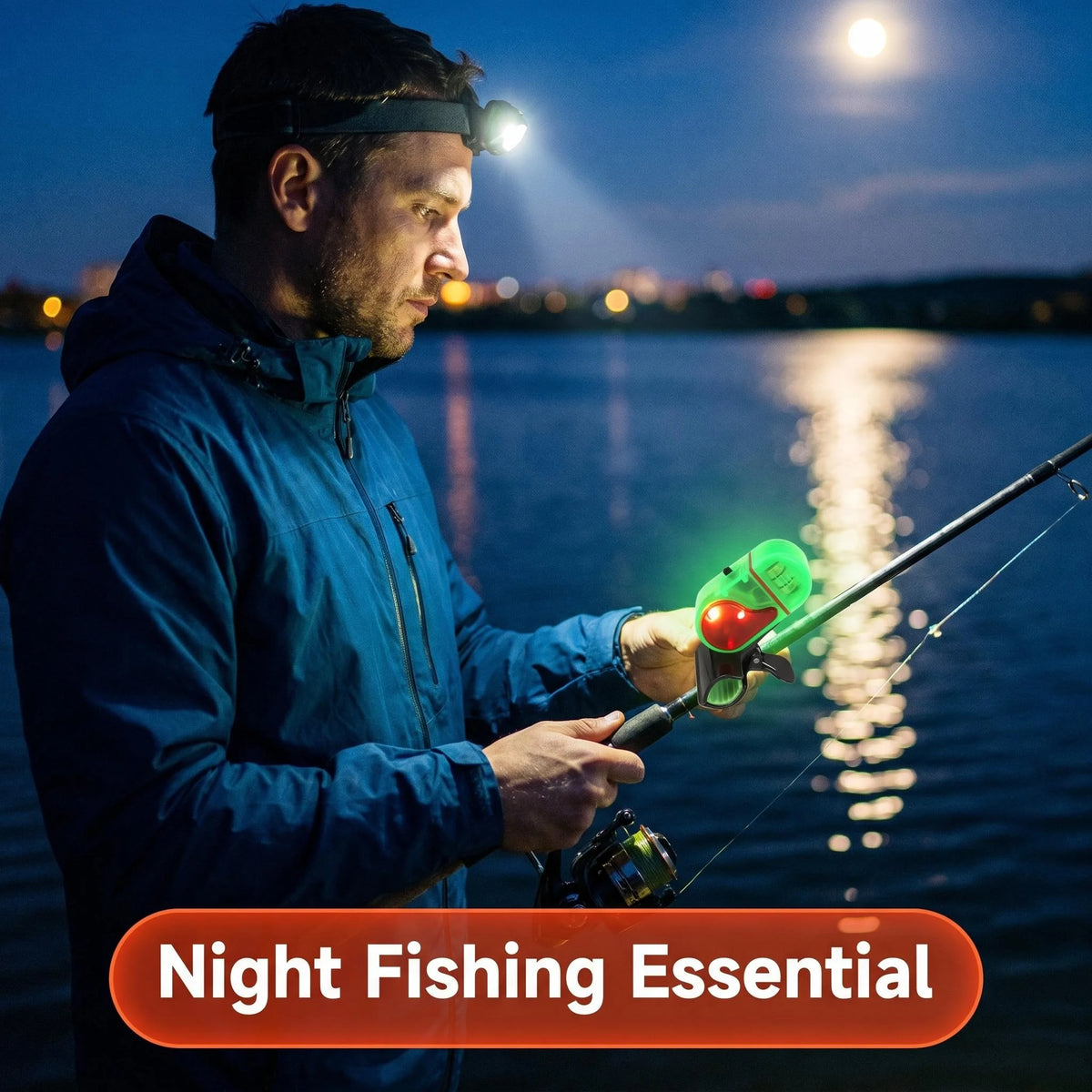 A man is using a clip-on fishing bite alarm with an LED flash while fishing at night.