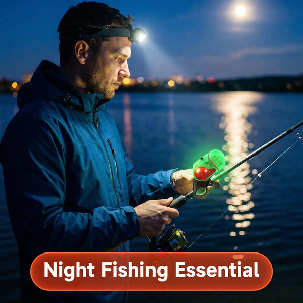 Un homme utilise un signal d'alarme de morsure avec flash LED pour la pêche la nuit.