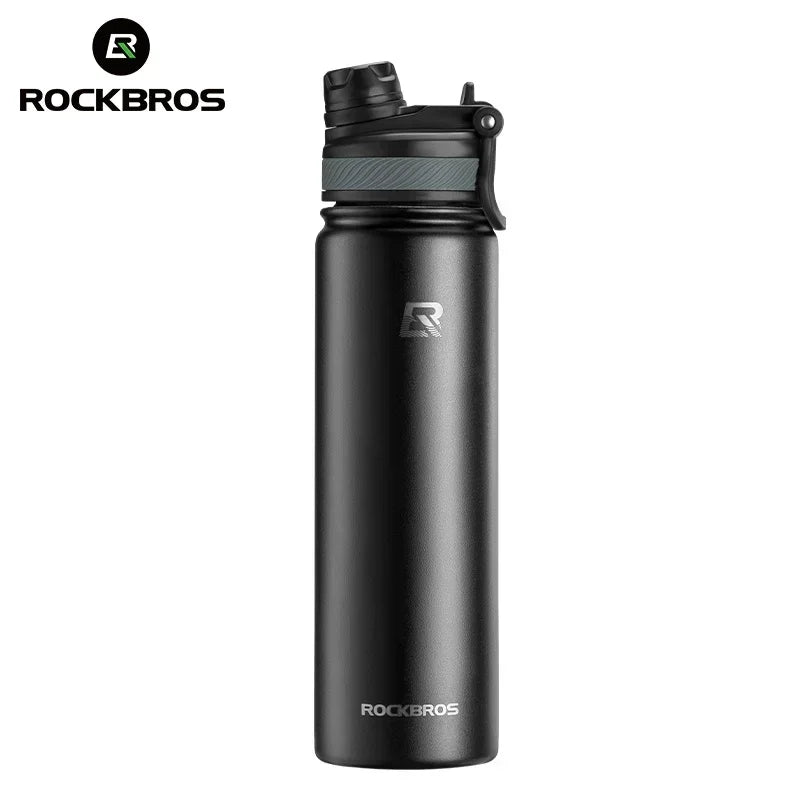 Black insulated stainless steel thermal water bottle with a silver cap and black finish.