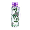 A purple and green patterned water bottle featuring a soccer ball design.