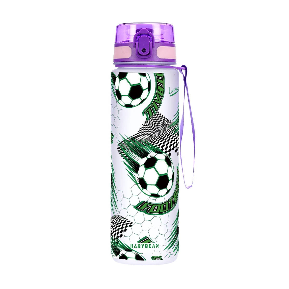 A purple and green patterned water bottle featuring a soccer ball design.