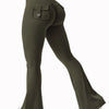 Olive green high stretch women's yoga leggings shown from the rear view