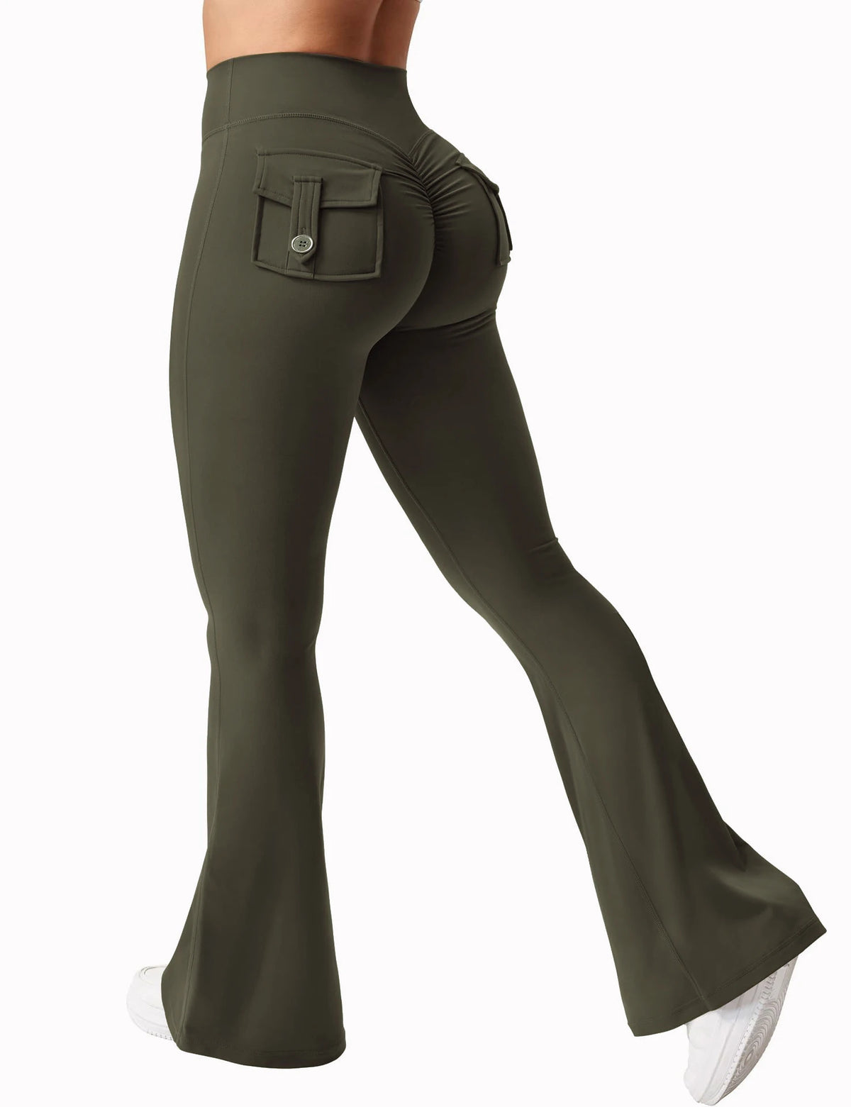 Olive green high stretch women's yoga leggings shown from the rear view