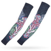 A pair of dark blue ice silk arm sleeves featuring intricate green and pink floral designs.