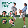 A woman demonstrates the use of a patellar tendon strap knee brace for support and rehabilitation.