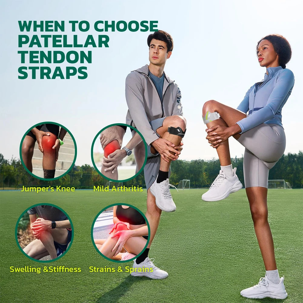 A woman demonstrates the use of a patellar tendon strap knee brace for support and rehabilitation.