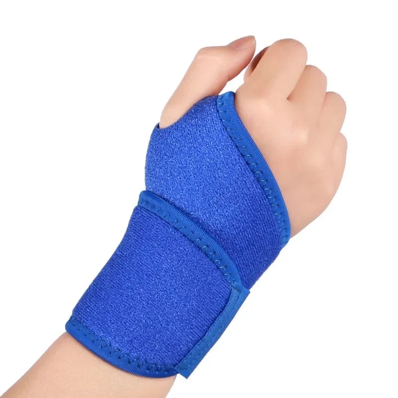 A hand wearing a royal blue wrist support brace for pain relief.
