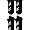 Une paire de chaussettes de sport noires à rayures blanches, vues de côté.