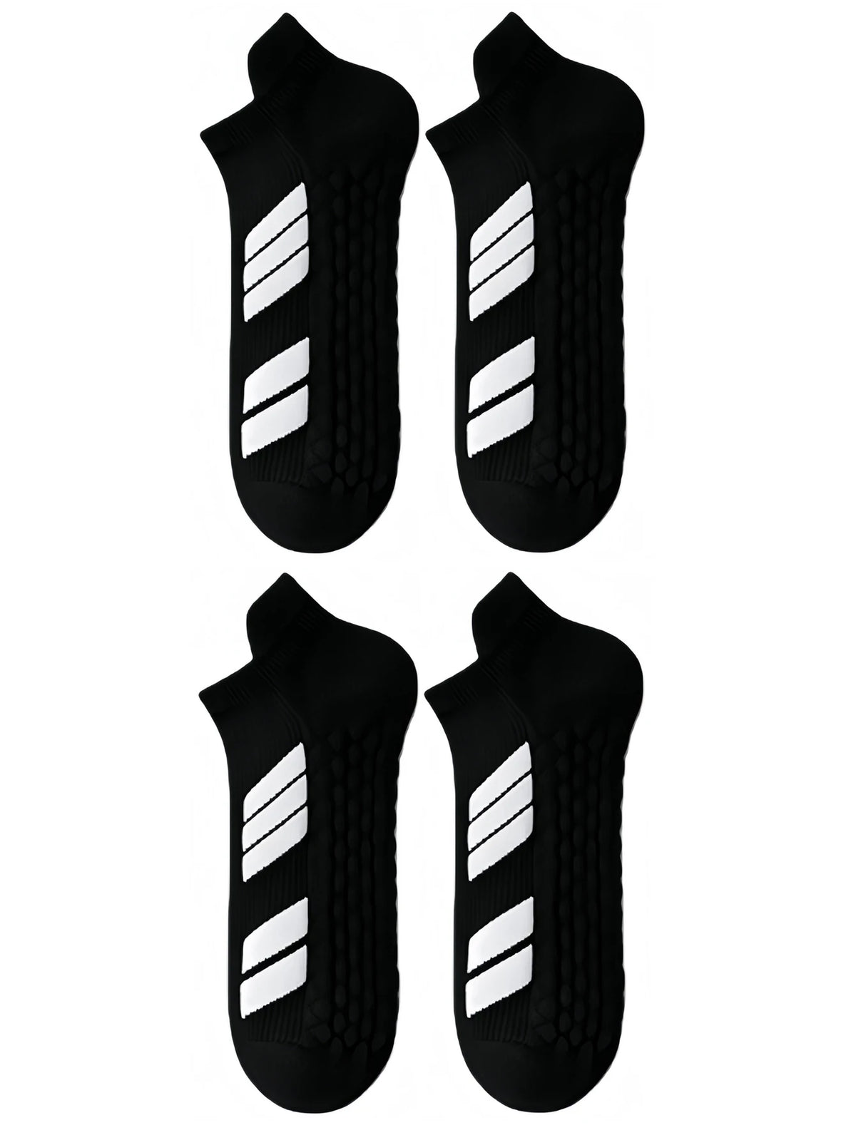 Une paire de chaussettes de sport noires à rayures blanches, vues de côté.