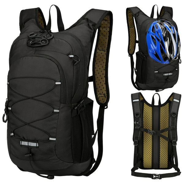 Black multipurpose outdoor backpack designed for hiking and sports activities