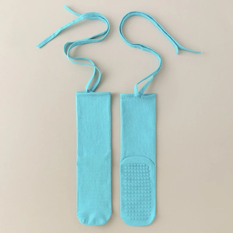 Light blue silicone anti-slip yoga socks with elastic drawstrings