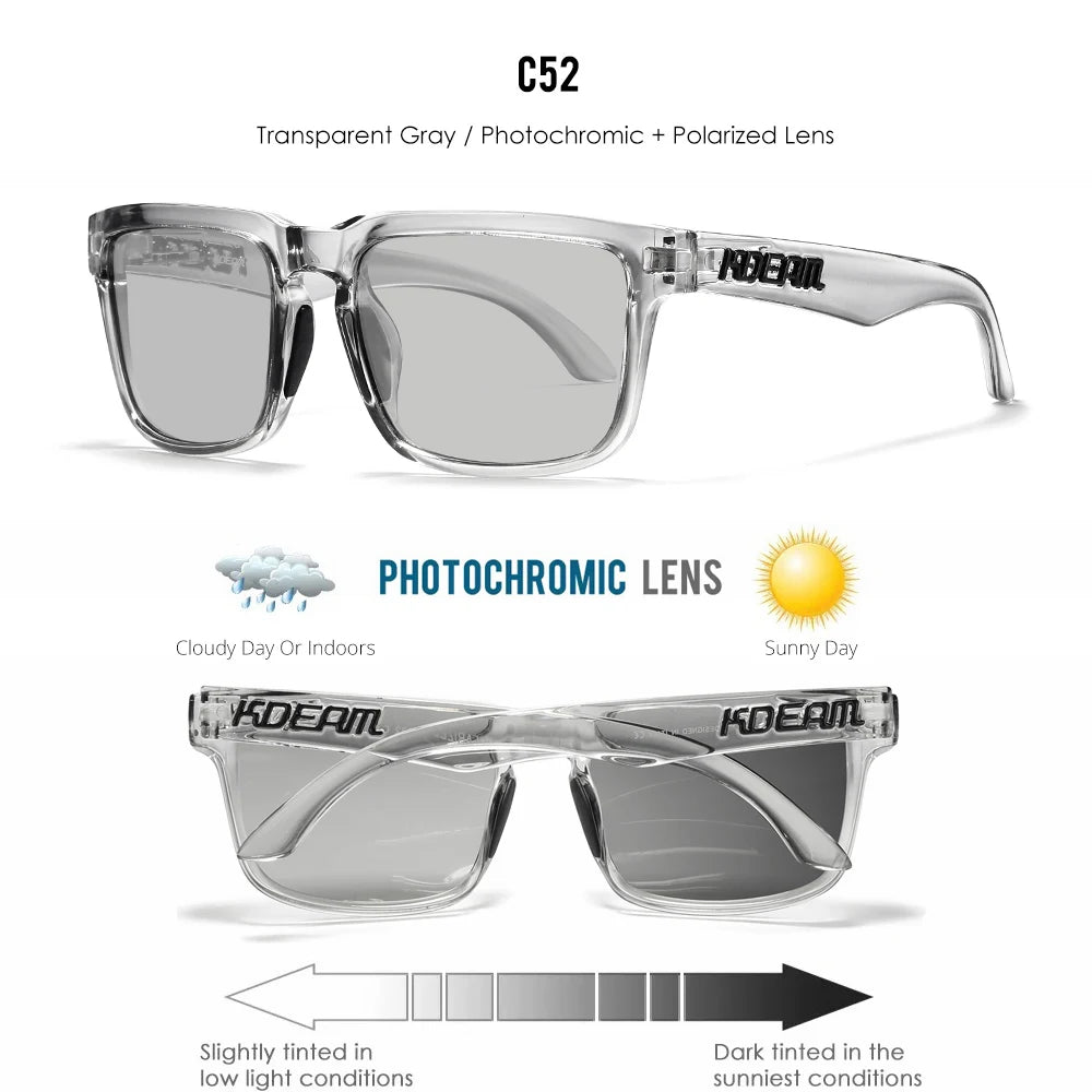 Transparent gray photochromic polarized lenses for KDEAM sunglasses shown with light and dark tint conditions