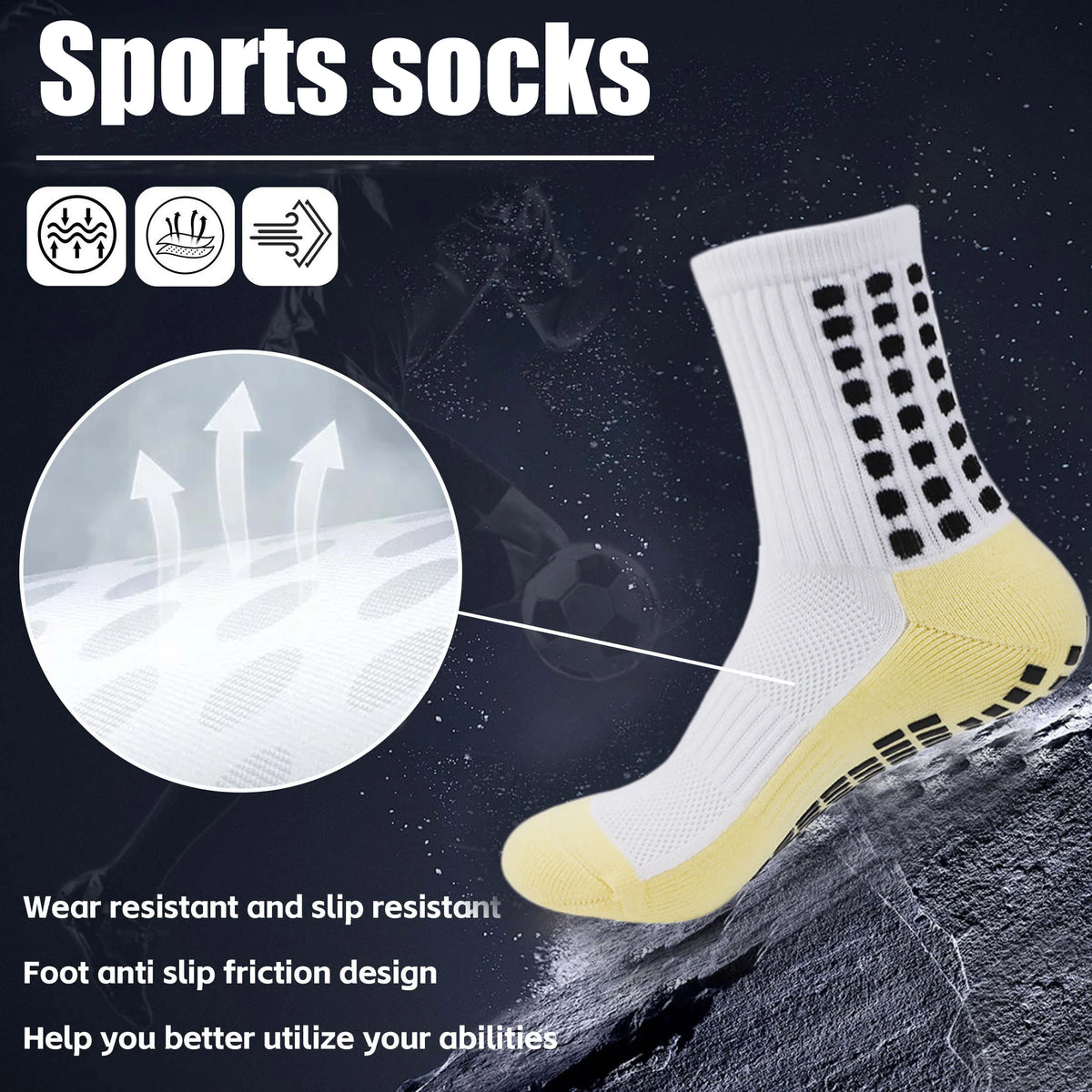 A close-up of a white sports sock with black dots and yellow accents, designed for grip and slip resistance.