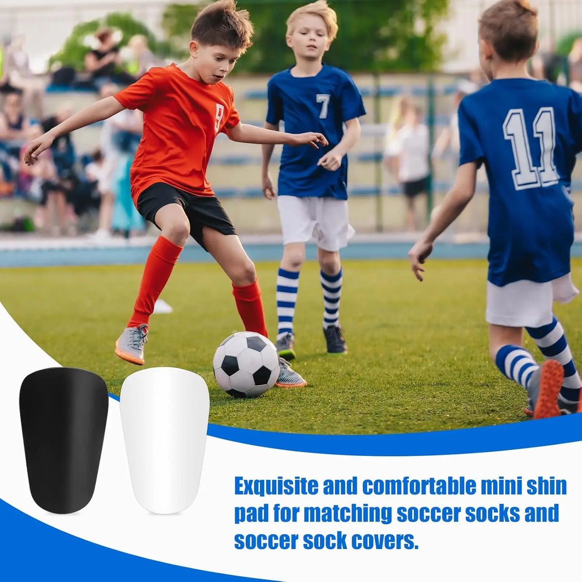 Black and white mini shin pads for matching soccer socks and soccer sock covers.