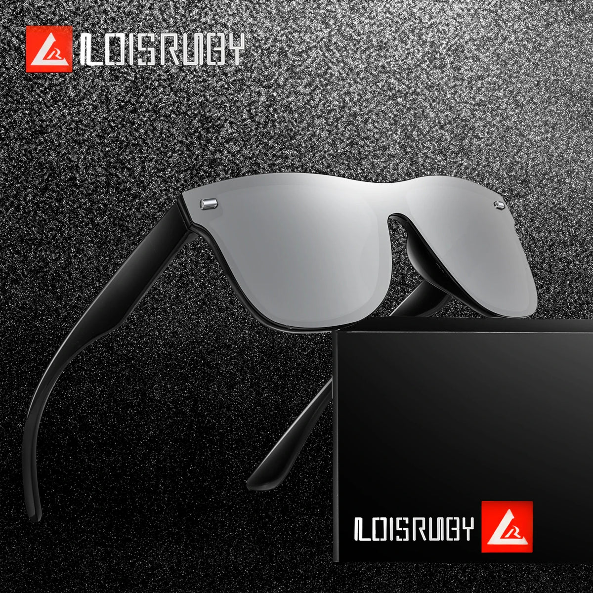 A pair of silver frameless sports sunglasses resting above a black box, set against a dark textured background.