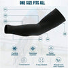 Black compression arm sleeves demonstrating cooling effect, seamless comfort, 4-way stretch, and muscle support.