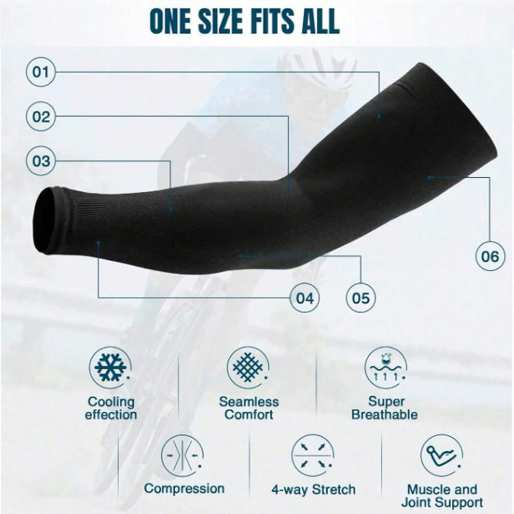 Black compression arm sleeves demonstrating cooling effect, seamless comfort, 4-way stretch, and muscle support.