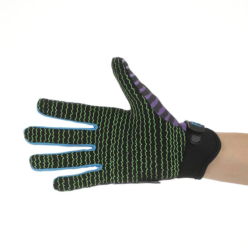 A hand wearing black and neon green durable motorcycle and MTB gloves.