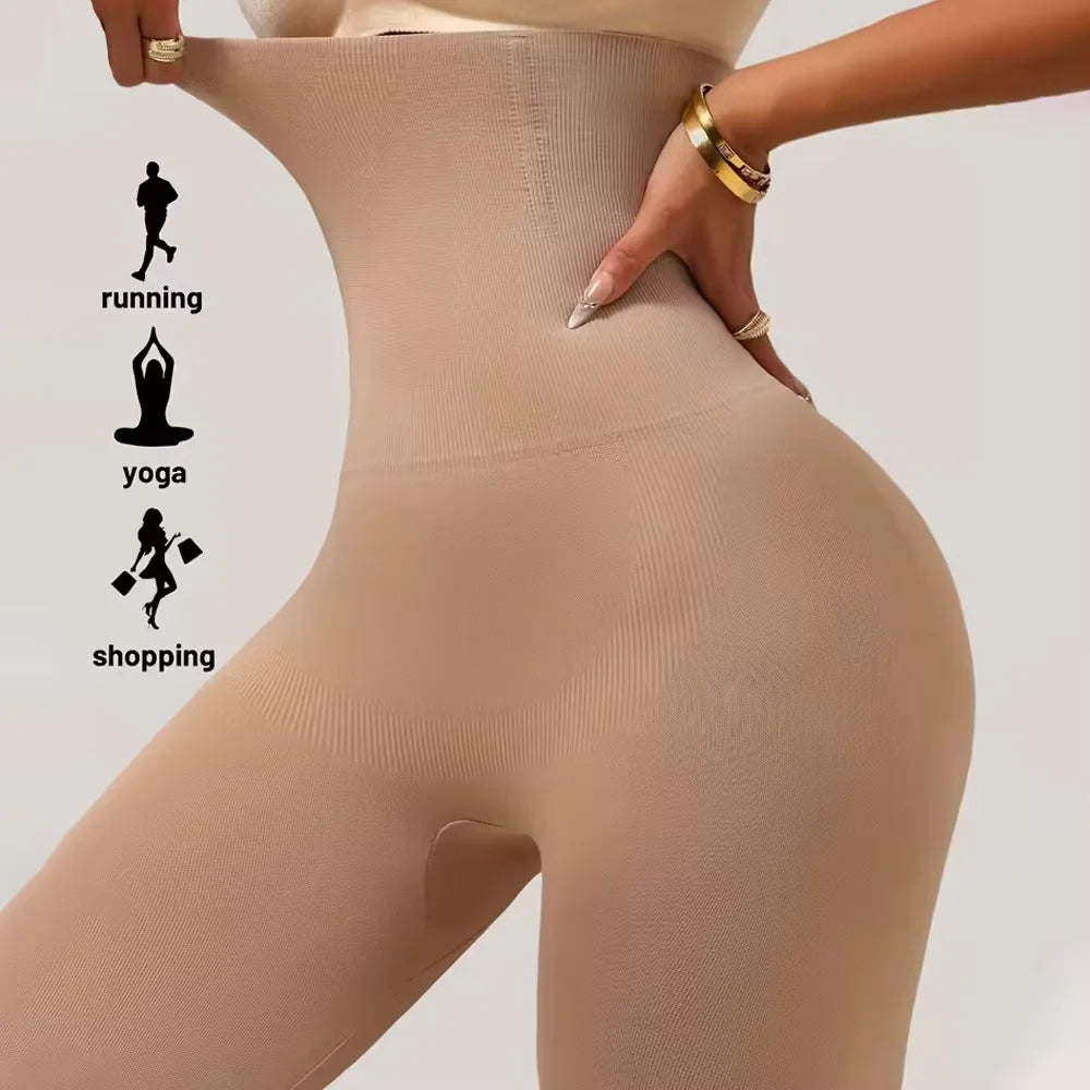 Tan high-waist compression shaping leggings shown on a model, demonstrating movement for running, yoga, and shopping.