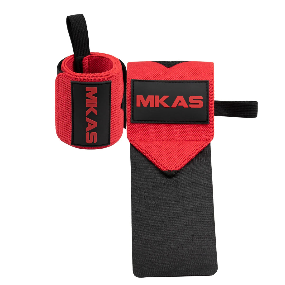 Red and black wrist support wraps with the initials MKAS