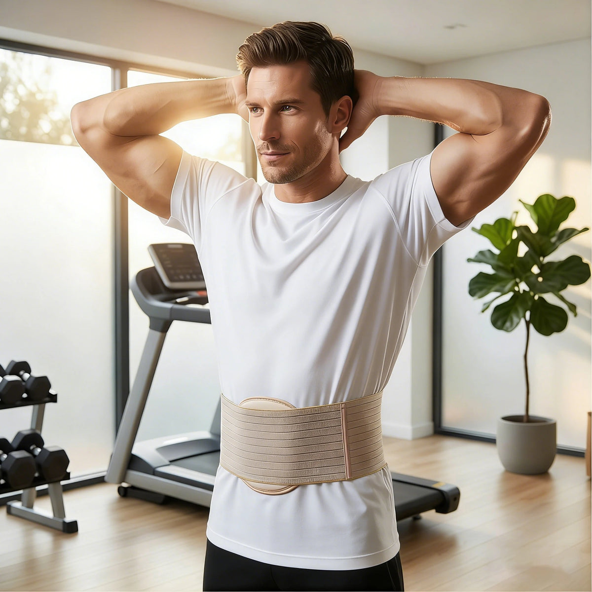 A muscular man wearing a white t-shirt and a beige abdominal support belt in a gym setting.