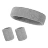 A set of three gray athletic sweatband hairbands shown individually and bundled together.