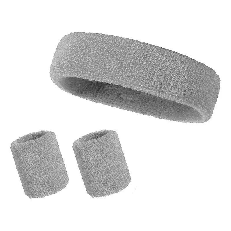 A set of three gray athletic sweatband hairbands shown individually and bundled together.