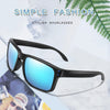 A pair of black stylish sunglasses with blue lenses is displayed on a white surface.
